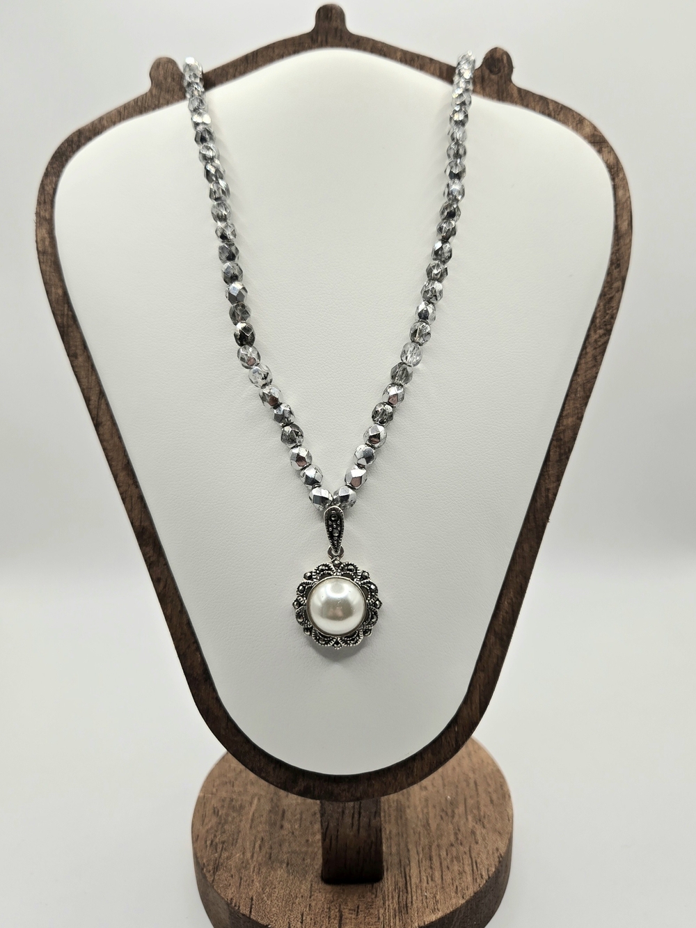 Vintage 925 Sterling Silver Crystal & Faux Pearl Necklace